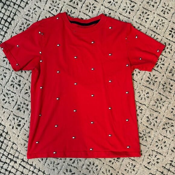 Tommy Hilfiger Kids Red Logo Short Sleeve Crew Neck T Shirt Size Medium 12-14 - Picture 1 of 3